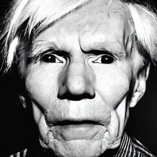 Prompt: Portrait of an aged elderly Andy Warhol, taken in the 2000s, photo taken on a 2000s camera, grainy, real life, hyperrealistic, ultra realistic, realistic, highly detailed, epic, HD quality, 8k resolution, body and headshot, film still, front facing, front view, headshot and bodyshot, detailed face, very detailed face