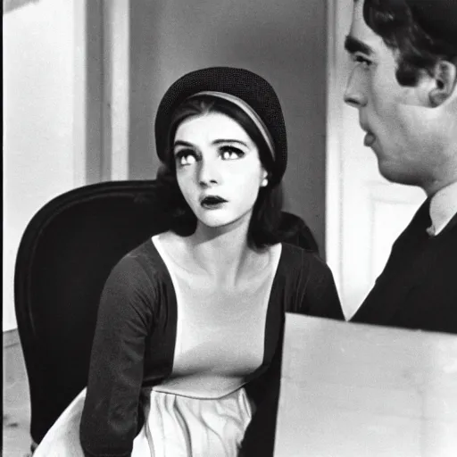 Image similar to still from a masterpiece 1 9 6 0 s french art film, very beautiful and elegant girl in beret with large eyebrows with an angry expression while talking to a man, moody lighting, viewed from afar, cinematic shot, the movie is in color