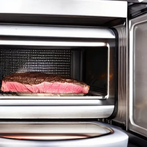 Prompt: Steak being cooking in a microwave, viewed through the closed microwave window, cursed