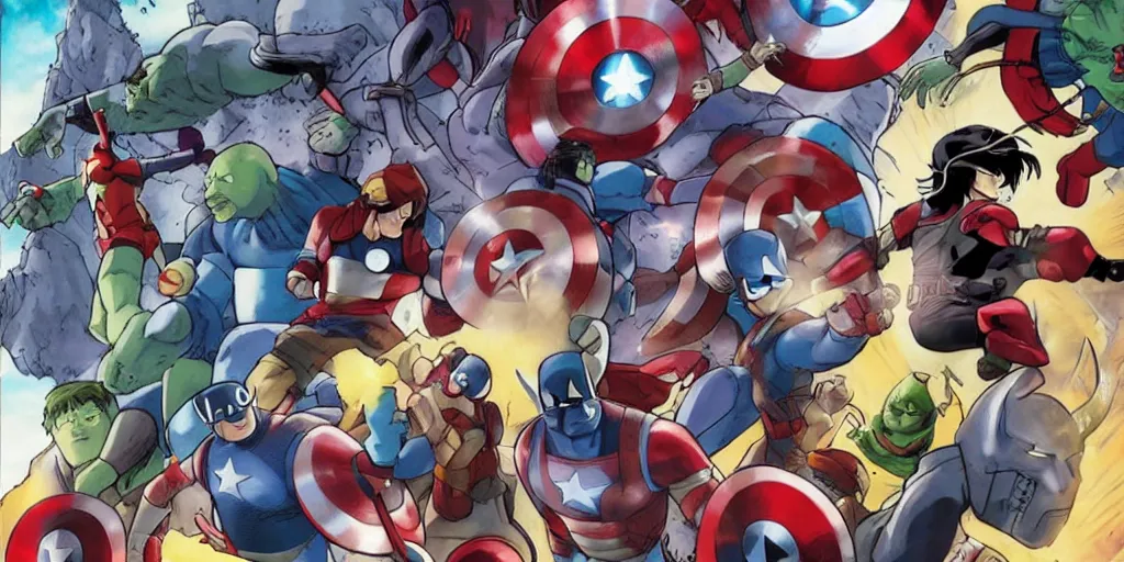 Image similar to studio ghibli image of marvel's the avengers fighting thanos