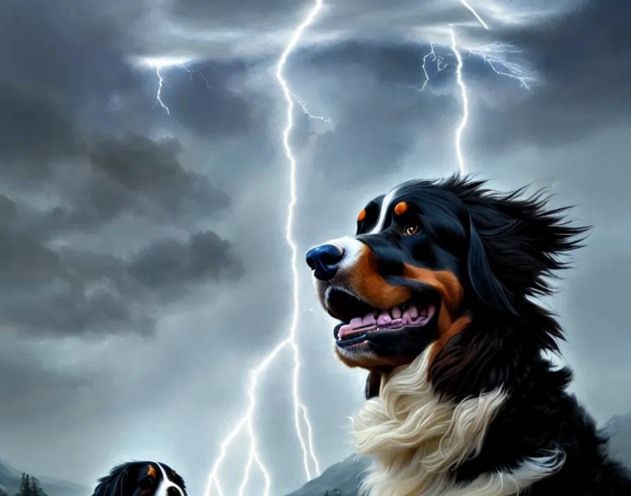 Image similar to an epic painting of a male anthropomorphic bernese mountain dog as zeus, shooting lightning bolts from his paws, by greg rutkowski, intricate details, artstation, furry, cinematic, hd, beautiful