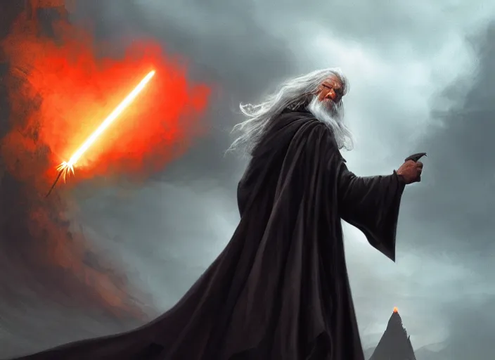 Image similar to gandalf throwing a fire bolt from the floor at darth vader, beautiful landscape, dramatic lighting, cinematic, establishing shot, night time, heavy rain, extremly high detail, photorealistic, cinematic lighting, post processed, concept art, artstation, matte painting, style by greg rutkowsky