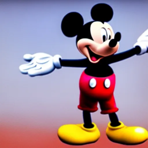 Image similar to Mickey Mouse as a human, photorealistic, film still, desolate