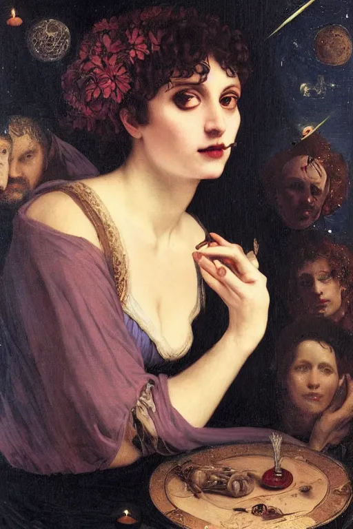 Image similar to a renaissance oil painting by alma tadema of demonic beautiful vampire woman mistress of death mourning widow in cosmos, cloudy nebula background, faint smile dark lipstick, hair bun, dark lit candles, colourful pastel trending artstation, detailed portrait academic bouguereau caravaggio high shadow contrast medium shot, rococo frame