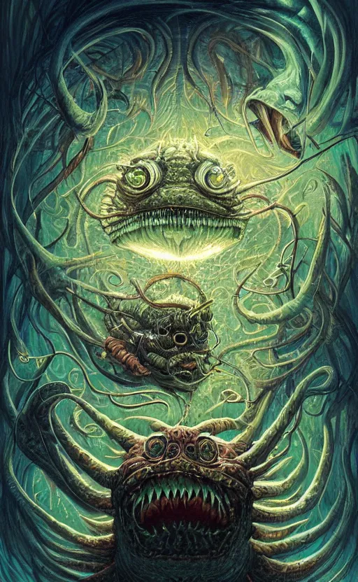 Image similar to angler fish glowing reptile eyes, shamanic poster lsd art, intricate, elegant, highly detailed, centered, digital painting, artstation, concept art, smooth, sharp focus, illustration, artgerm, tomasz alen kopera, peter mohrbacher, donato giancola, joseph christian leyendecker, wlop, frank frazetta