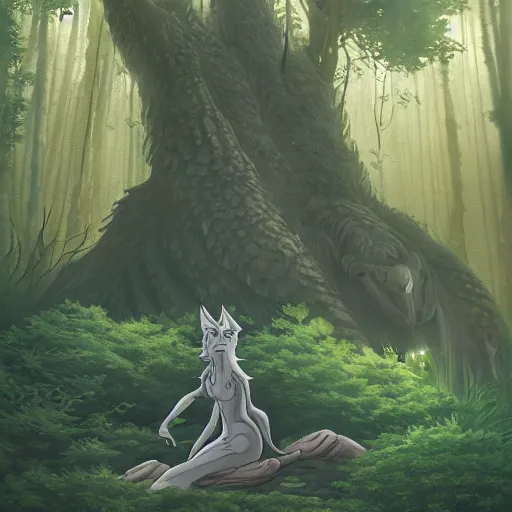 Prompt: fantasy creature in the forest in the ghibli artstyle, art 8k detailed, smooth, highly detailed, ghibli