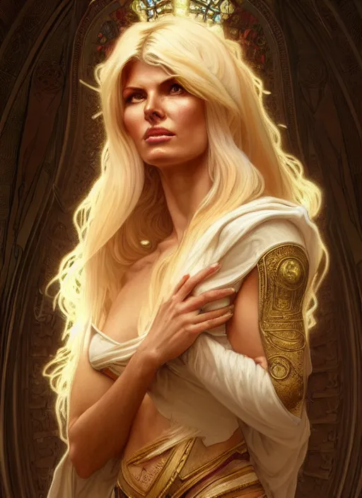 Image similar to portrait of victoria silvstedt as an angel, bible, katholic, intricate, headshot, highly detailed, digital painting, artstation, concept art, sharp focus, cinematic lighting, illustration, art by artgerm and greg rutkowski, alphonse mucha, cgsociety