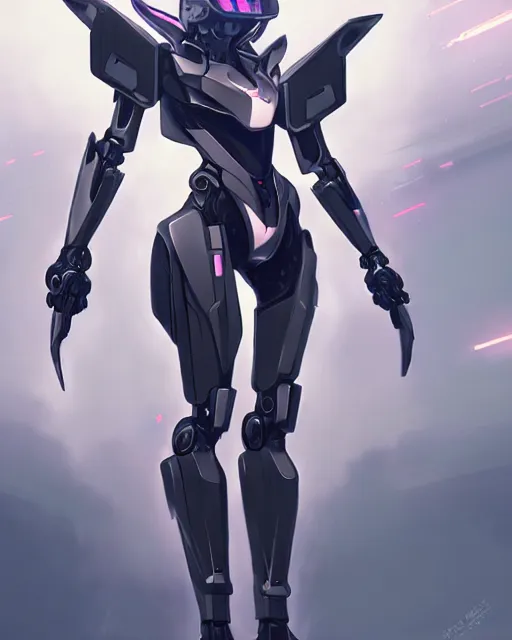 Image similar to uncropped stealthy Feminine mecha (with futuristic jet armor and wings) with a heart visor helmet, symphogear, full body character portrait, hi-tech, trending on Artstation, black armor, digital painting, concept art, sharp focus, illustration, art by WLOP and Greg Rutkowski