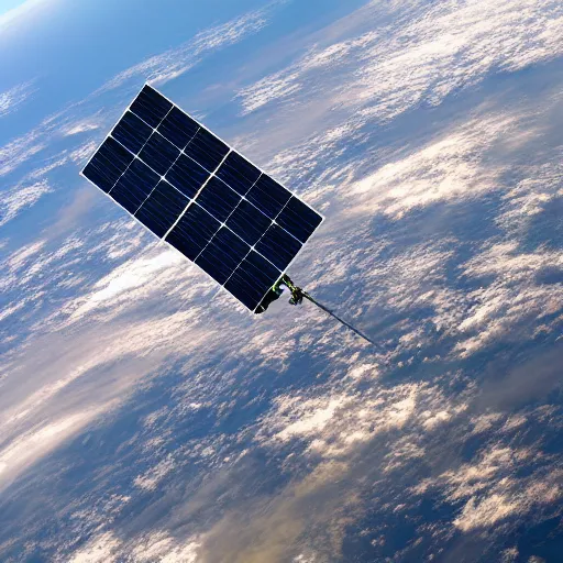 Prompt: a satellite orbiting the earth, solar panels out, photo