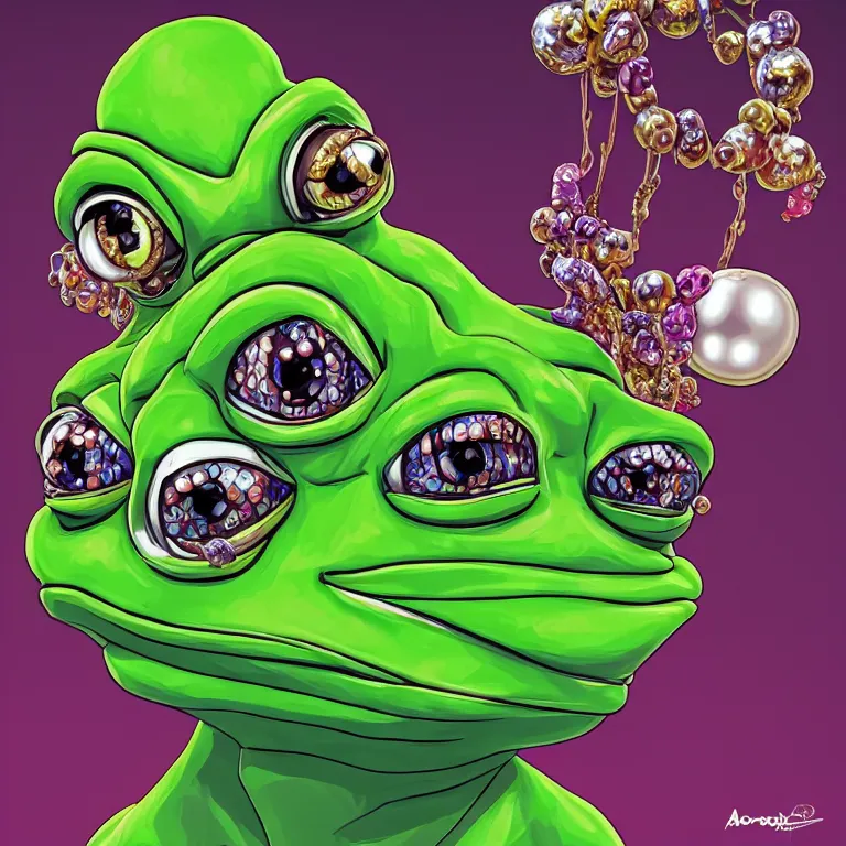 Image similar to maximalist detailed gemstone pepe the frog by adoryanti, machine. delusions, holosomnia, electrixbunny, rendered in discodiffusion. decorated with pearls and gems, behance hd by jesper ejsing, by rhads, makoto shinkai, ilya kuvshinov, rossdraws global illumination ray tracing hdr radiating a glowing aura