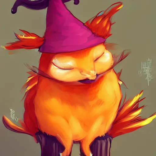 Image similar to cute fiery bird wearing a witch\'s hat. kawaii, adorable, digital art, trending on artstation, fiery bird, anime art by Aokamei and Ross Tran