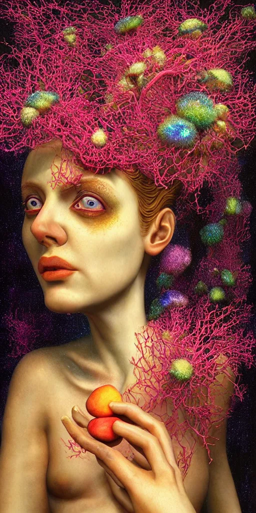 Image similar to hyper detailed 3d render like a Oil painting - portrait sculpt of Aurora (Singer) seen in mascara Eating of the Strangling network of yellowcake aerochrome and milky Fruit that covers her body and Her delicate Hands hold of gossamer polyp blossoms bring iridescent fungal flowers whose spores black the foolish stars by Jacek Yerka, Mariusz Lewandowski, Houdini algorithmic generative render, Abstract brush strokes, Masterpiece, Edward Hopper and James Gilleard, Zdzislaw Beksinski, Mark Ryden, Wolfgang Lettl, hints of Yayoi Kasuma, octane render, 8k