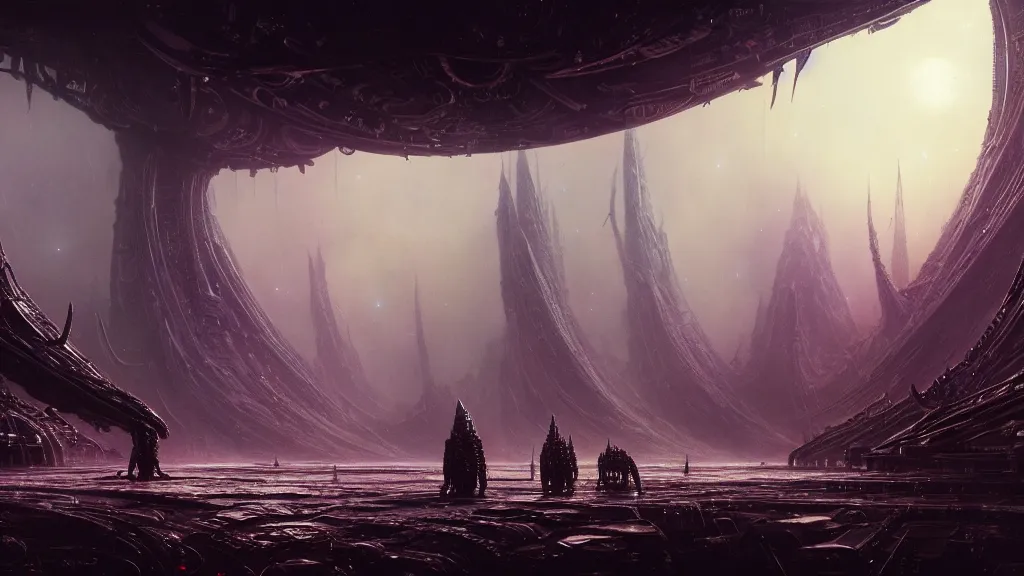 Image similar to Sci-fi environment set in a nightmarish universe of odd forms and somber tapestry, HR Giger, Wadim Kashin,Bruce Pennington, in Peter Elson color scheme, featured in artstation, octane render, cinematic, elegant, intricate, 8k