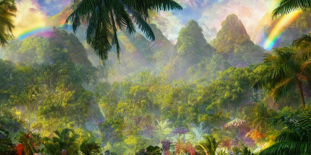 Image similar to a beautiful detailed matte painting of a rainbow crystal with ferns growing out of it, pattern, fractals, raphael lacoste, trending on artstation. Bright trippy tropical island beach, anime vacation.