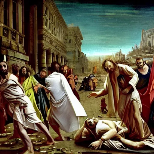 Image similar to jesus christ in a white robe strikes a dramatic dance pose on dead laughing bodies in streets of an apocalyptic metropolis destroyed after war, fantasy art, dramatic lighting, insane details ; renaissance painting