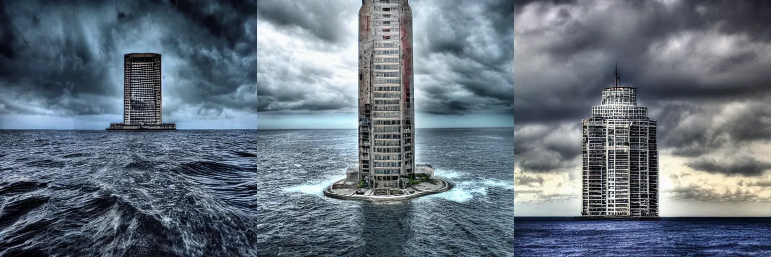 Prompt: Abandoned skyscraper in the middle of the ocean, far away photo, storm weather, HDR