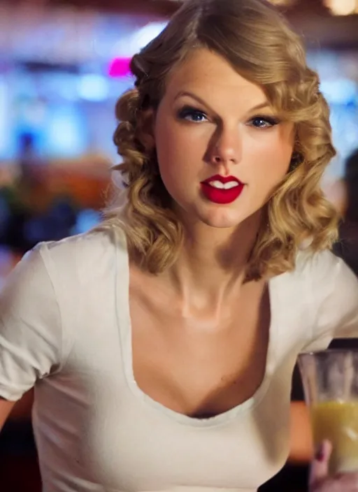 Image similar to a close - up, color cinema film still of a taylor swift as a waitress at hooters, cinematic lighting at night.