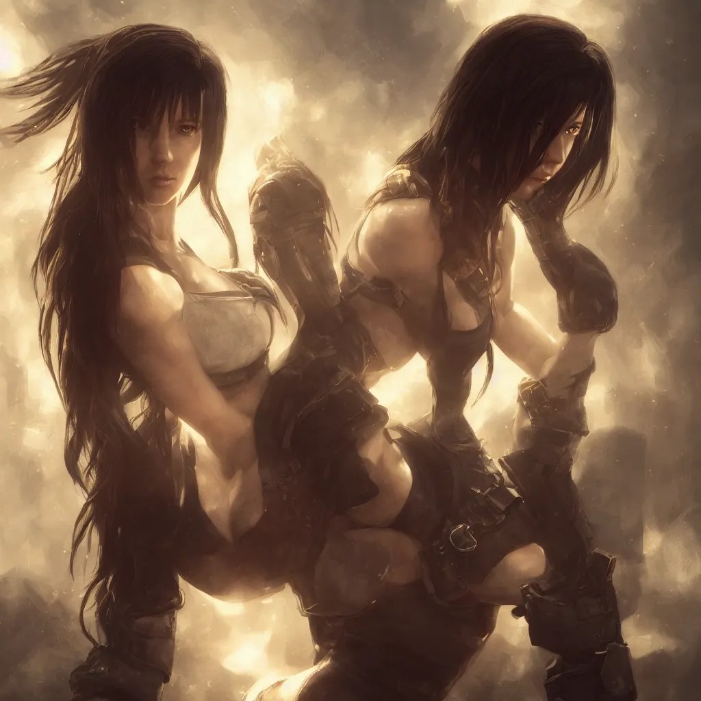 Image similar to Tifa Lockhart portrait, atmospheric lighting, painted, intricate, volumetric lighting, beautiful, golden hour, sharp focus, ultra detailed, by Leesha Hannigan, Ross Tran, Thierry Doizon, Kai Carpenter,Ignacio Fernández Ríos