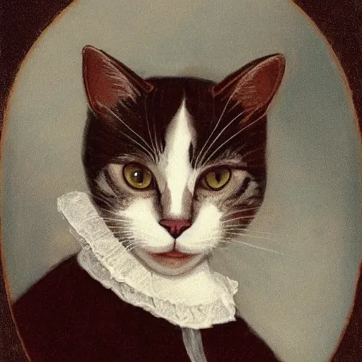 Prompt: A cat portrait in a victorian outfit