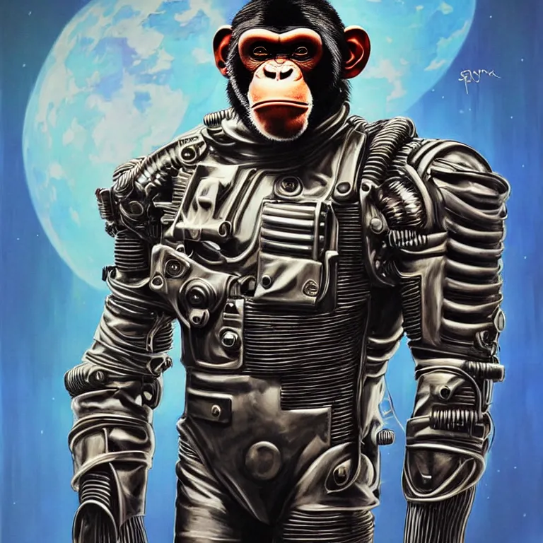 Image similar to a portrait of a muscular anthropomorphic cyberpunk chimp in spacesuit armor with ensignia on chest plate by sandra chevrier, by jon foster, detailed render, pistol in holster, extremely hyperdetailed, tape deck, epic composition, cybernetics, 4 k realistic, cryengine, realistic shaded lighting, sharp focus, masterpiece, by enki bilal