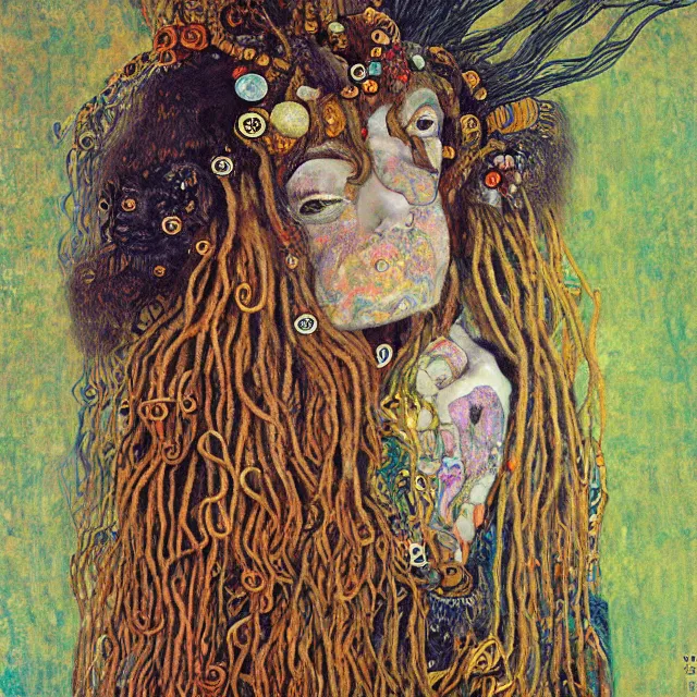 Image similar to llama with dreadlocks, in the style of gustav klimt, by mandy jurgens, ernst haeckel, james jean