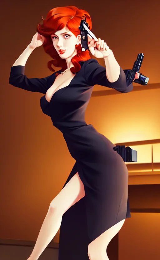 Prompt: an attractive auburn haired femme fatale woman, wearing a cocktail dress, pointing a pistol at us, anime. realistic shaded lighting by ilya kuvshinov giuseppe dangelico pino and michael garmash and rob rey, 4 k