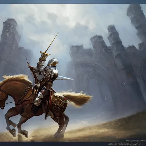 Prompt: a mounted knight in full armor and a lance, riding in a jousting arena, art by artgerm and greg rutkowski and magali villeneuve, d & d, fantasy, highly detailed, digital painting, trending on artstation, concept art, sharp focus, illustration