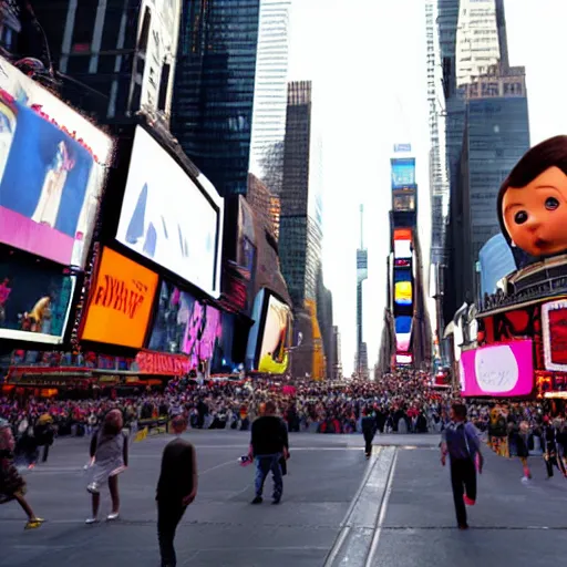 Prompt: Pixar Flying saucer abducting people in times square