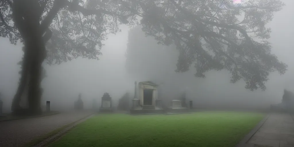 Image similar to highgate cemetary, fog, rain, volumetric lighting, beautiful, golden hour, sharp focus, ultra detailed, cgsociety