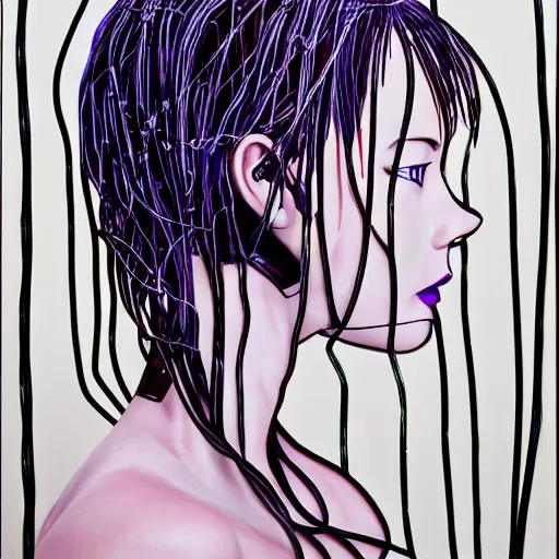 Prompt: beautiful pure evil adult lain with hundreds of wires coming out of her head, a part of her face panel is showing, she is in pure bliss, portrait, painting