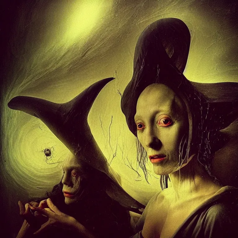 Prompt: beautiful portrait of alien witch by hieronymus bosch, soft grainy bloom lucid dream - like atmosphere, harsh flash photo, baroque portrait painting, perfect composition, detailed octane render trending on artstation, 8 k artistic photography, volumetric cinematic perfect light, chiaroscuro, masterpiece, raphael, caravaggio, beksinski, rutkowski, beeple