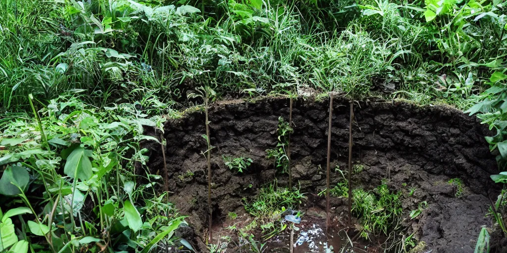 Image similar to a deep well, on the sides overgrown with lush plants, inside at the bottom absolute darkness