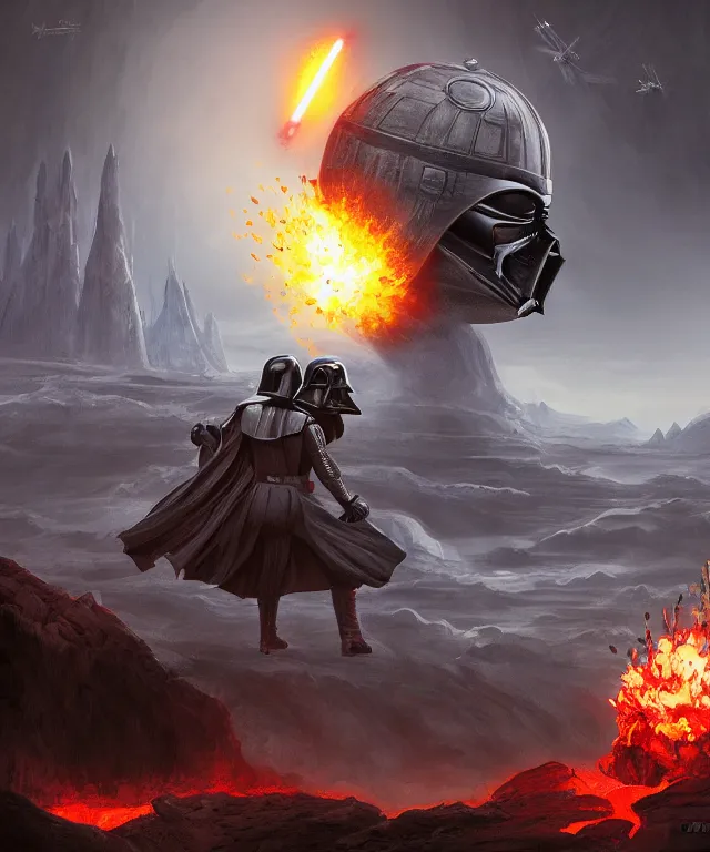 Image similar to Disney crossover of Star Wars and Spaceballs epic battle between Darth Vader and Dark Helmet on a planet with lava, Barf dies in the foreground, highly detailed, digital painting, trending on artstation, concept art, sharp focus, illustration