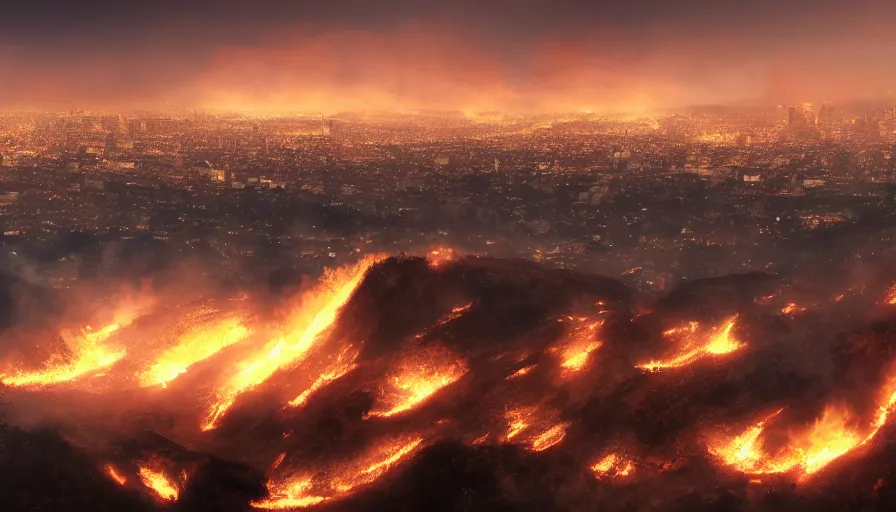 Image similar to wide view from a hill of los angeles on fire with smoke columns, hyperdetailed, artstation, cgsociety, 8 k