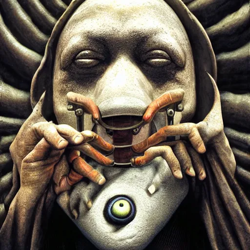 Image similar to full - face close - up portrait, sandman god of dreams wearing an plague - doctor mask, deliver me cosmic sight, by patrick woodroffe, by igor morski, by laurie lipton, valley of the damned background, cinematic lighting, volumetric lighting, neosurrealism, realistic shadows, sandman, particle effects, rendered in octane, fantasy