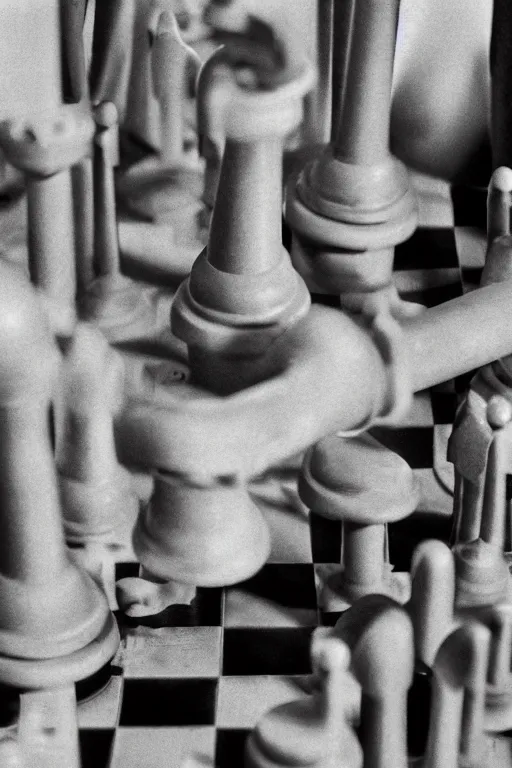 Image similar to a close-up portrait of Marcel Duchamp's industrial chess-piece-building machine in the style of Hito Steyerl and Shinya Tsukamoto and Irving Penn and Robert Frank, minimal contraption