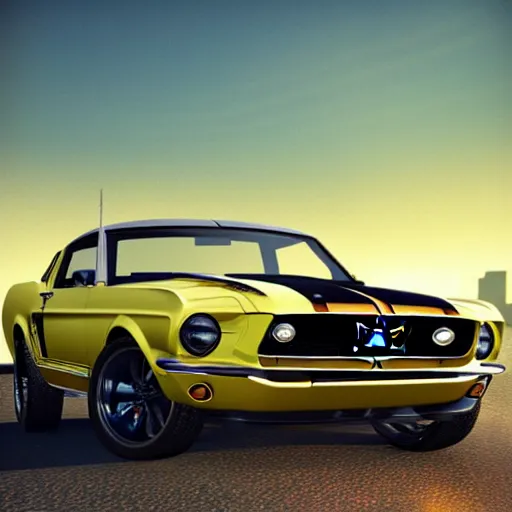 Image similar to 1 9 6 8 ford mustang during golden hour, view of new york in warm light, highly detailed, artstation, concept art
