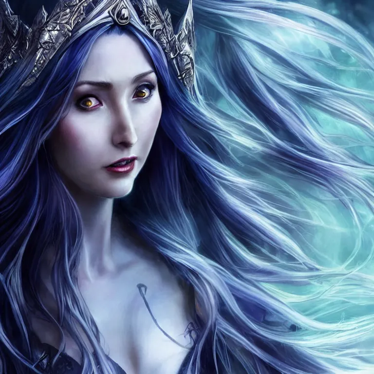 Image similar to beautiful cinematic fantasy poster, Jessica Chobot as a vampire wearing a jeweled silver crown with brilliant silver flowing hair, beautiful blue glowing eyes, wideshot ultrawide angle epic scale, hybrid from The Elden Ring and art direction by Darius Zawadzki ;by artgerm; wayne reynolds art station; cinematic quality character render; low angle; ultra high quality model; production quality cinema model;