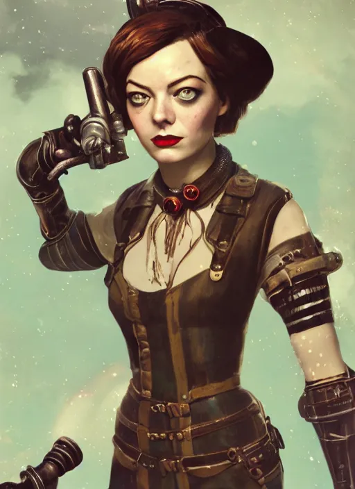 Image similar to Bioshock steampunk fallout portrait of Emma Stone, au naturel, hyper detailed, digital art, trending in artstation, cinematic lighting, studio quality, smooth render, unreal engine 5 rendered, octane rendered, art style by klimt and nixeu and ian sprigger and wlop and krenz cushart