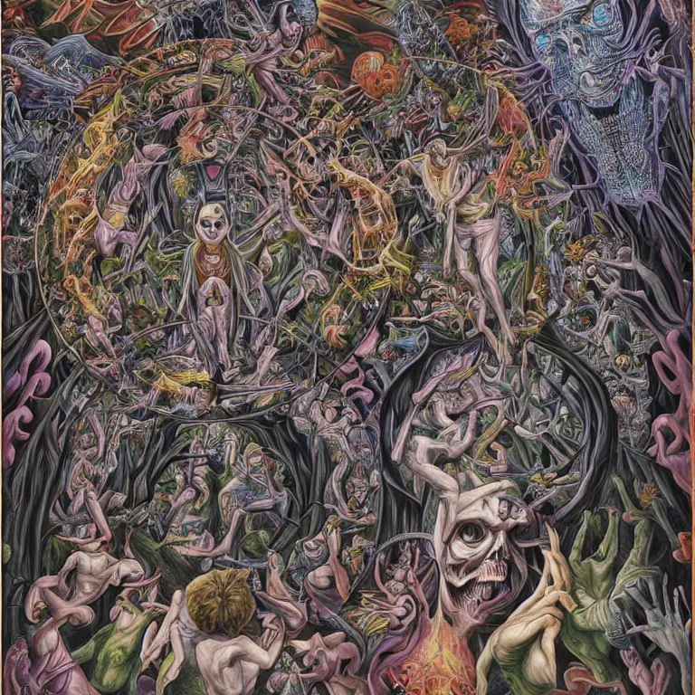 Image similar to transformation through death by Alex Grey and M. C. Escher collaboration