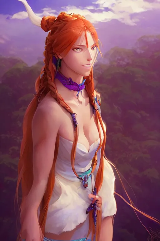 Image similar to long ginger hair, tanned woman in a prehistoric outfit, green eyes, fang necklace, by artgerm, hair tied in a ponytail, white backdrop, soft lighting, blue and purple colors, by greg rutkowski makoto shinkai takashi takeuchi