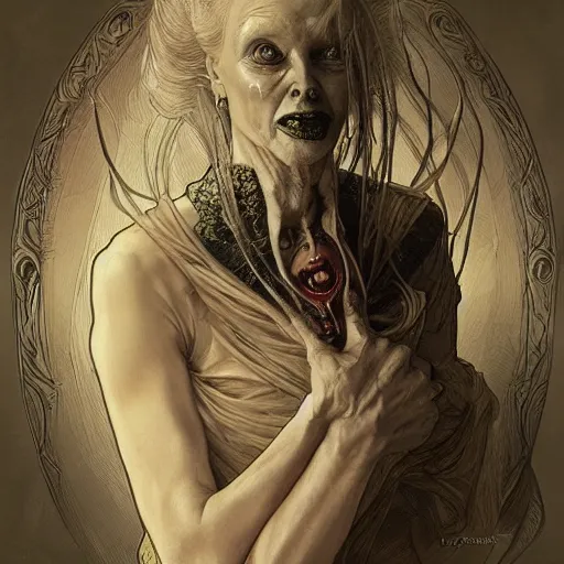 Prompt: beautiful lifelike award winning pencil illustration of scary vivienne westwood as an eldritch horror lovecraftian trending on art station artgerm greg rutkowski alphonse mucha museum quality cinematic atmospheric