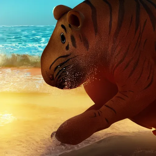 Image similar to a closeup photorealistic photograph of a cute stylish tiger hippo playing volleyball at the beach during sunset. Surf in the background. This 4K HD image is Trending on Artstation, featured on Behance, well-rendered, extra crisp, features intricate detail and the style of Unreal Engine.