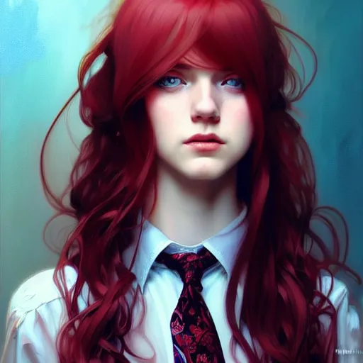 Prompt: portrait of teenage girl with long glossy red hair, blue eyes, fashion model features, fantasy, intricate, elegant, dress shirt and tie, highly detailed, digital painting, artstation, concept art, smooth, sharp focus, illustration, art by Krenz Cushart and Artem Demura and alphonse mucha
