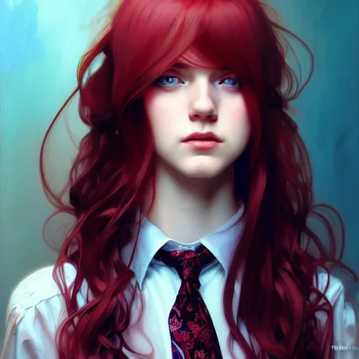 Image similar to portrait of teenage girl with long glossy red hair, blue eyes, fashion model features, fantasy, intricate, elegant, dress shirt and tie, highly detailed, digital painting, artstation, concept art, smooth, sharp focus, illustration, art by Krenz Cushart and Artem Demura and alphonse mucha