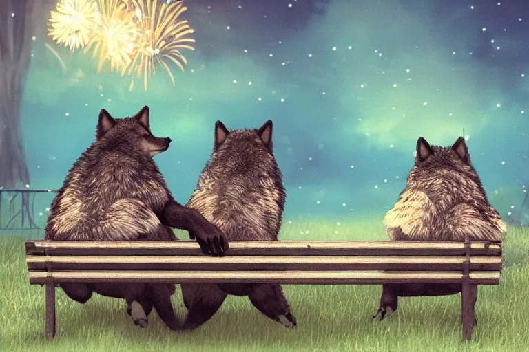 Prompt: two wolves sitting on a bench in a park at night watching fireworks, artstation, 4k