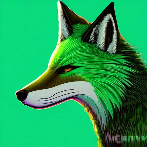 Prompt: digital green fox, retrowave green palette, digital green world, highly detailed, electric breeze, anatomically correct green vulpine, synth feel, fluffy face, ear floof, flowing fur, super realism, accurate animal imagery, 4 k digital art