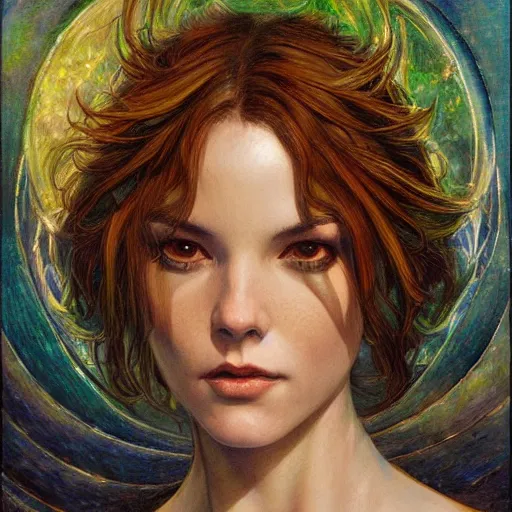 Image similar to a painting in the style of donato giancola, and in the style of charlie bowater, and in the style of william blake. symmetry, smooth, sharp focus, semi - realism.