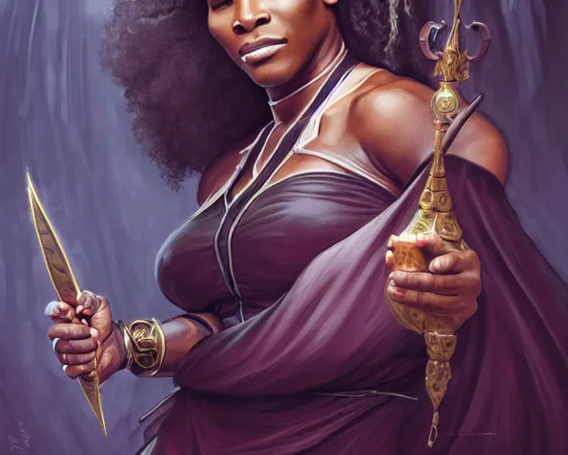 mindblowing, serena williams as a female wizard, black wizard hat, robes,  deep focus, d & d, fantasy, intricate, elegant!!, beautiful, highly  detailed, digital painting, artstation, concept art, matte, sharp,  illustration, hearthstone, art