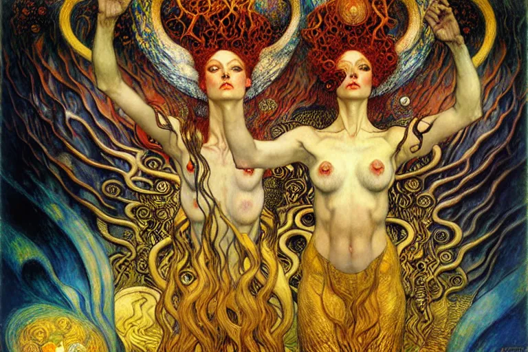 Image similar to Divine Chaos Engine by Karol Bak, Jean Delville, William Blake, Gustav Klimt, and Vincent Van Gogh, symbolist, visionary